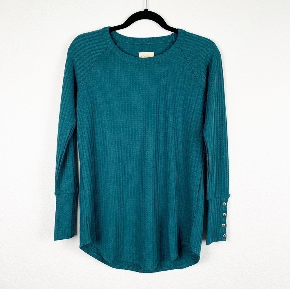 Chaser Long Sleeve Thermal Waffle Knit Top Teal Button Cuff S 1305943
